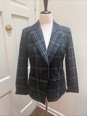 Double-Breasted Plaid Blazer in Dark Green